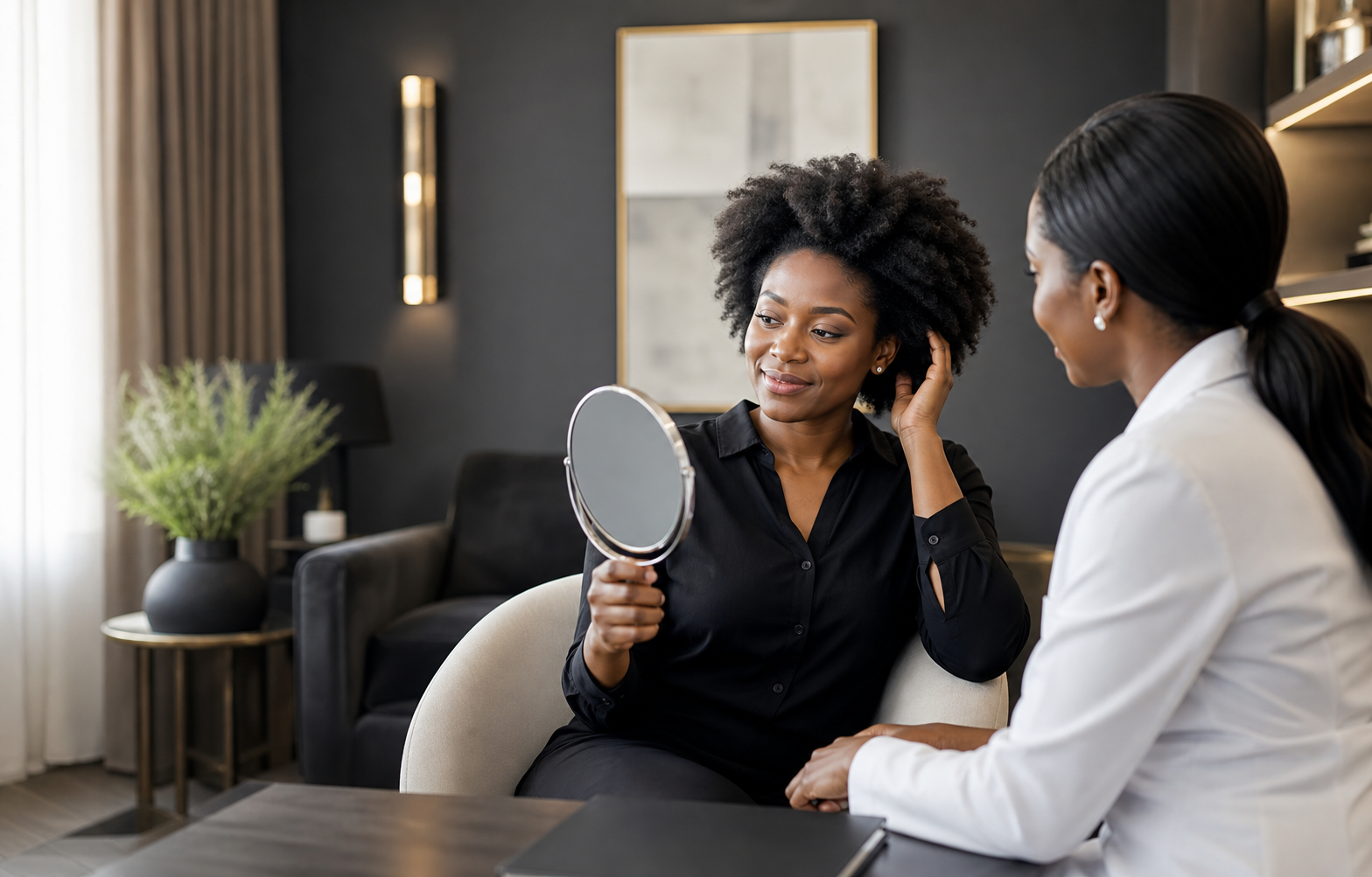 Illustrative hairline consultation with a Black Nigerian woman with natural 4C hair