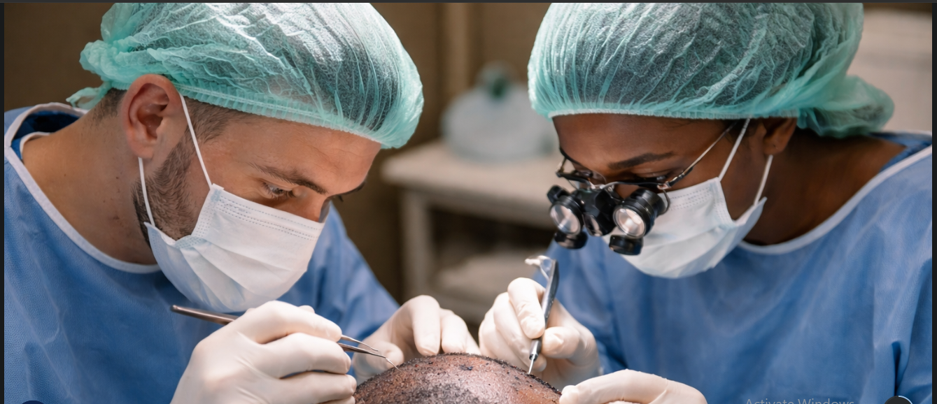 Specialist surgical team performing a hair restoration procedure