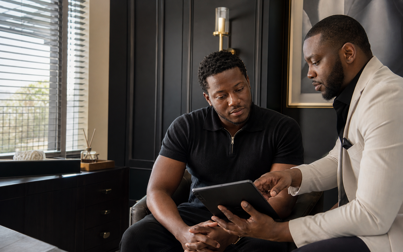 Illustrative private hair restoration consultation with a Black Nigerian man in Lagos