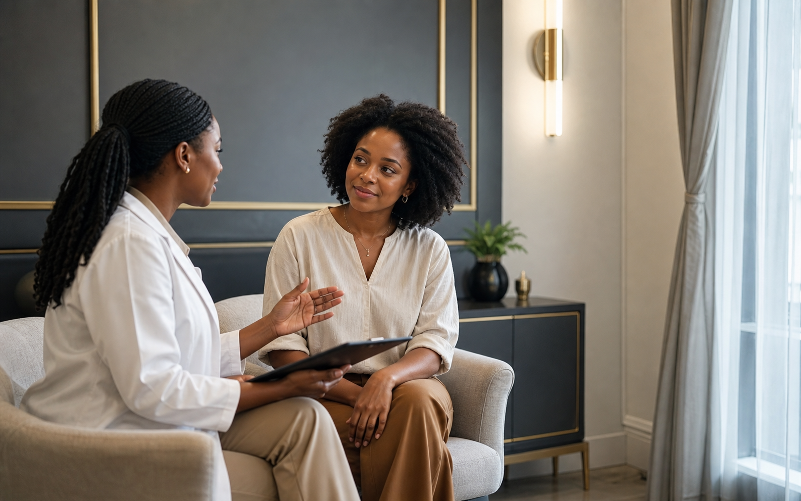 Illustrative private consultation with a Black Nigerian woman about hairline and scalp concerns